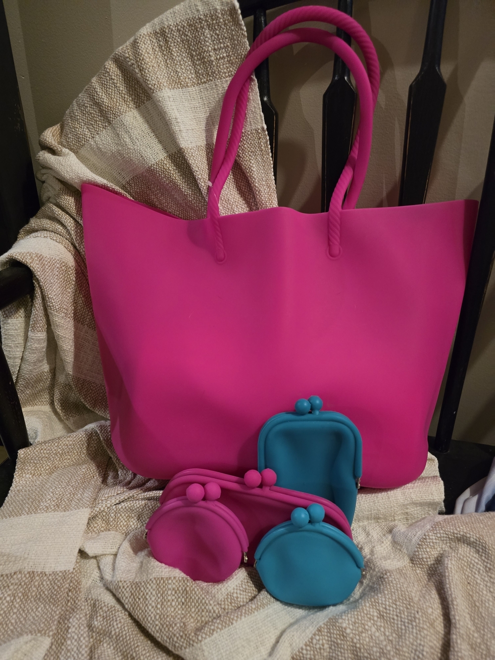 🌸 5pc Hot Pink Women's Tote Bag with Matching Pouches